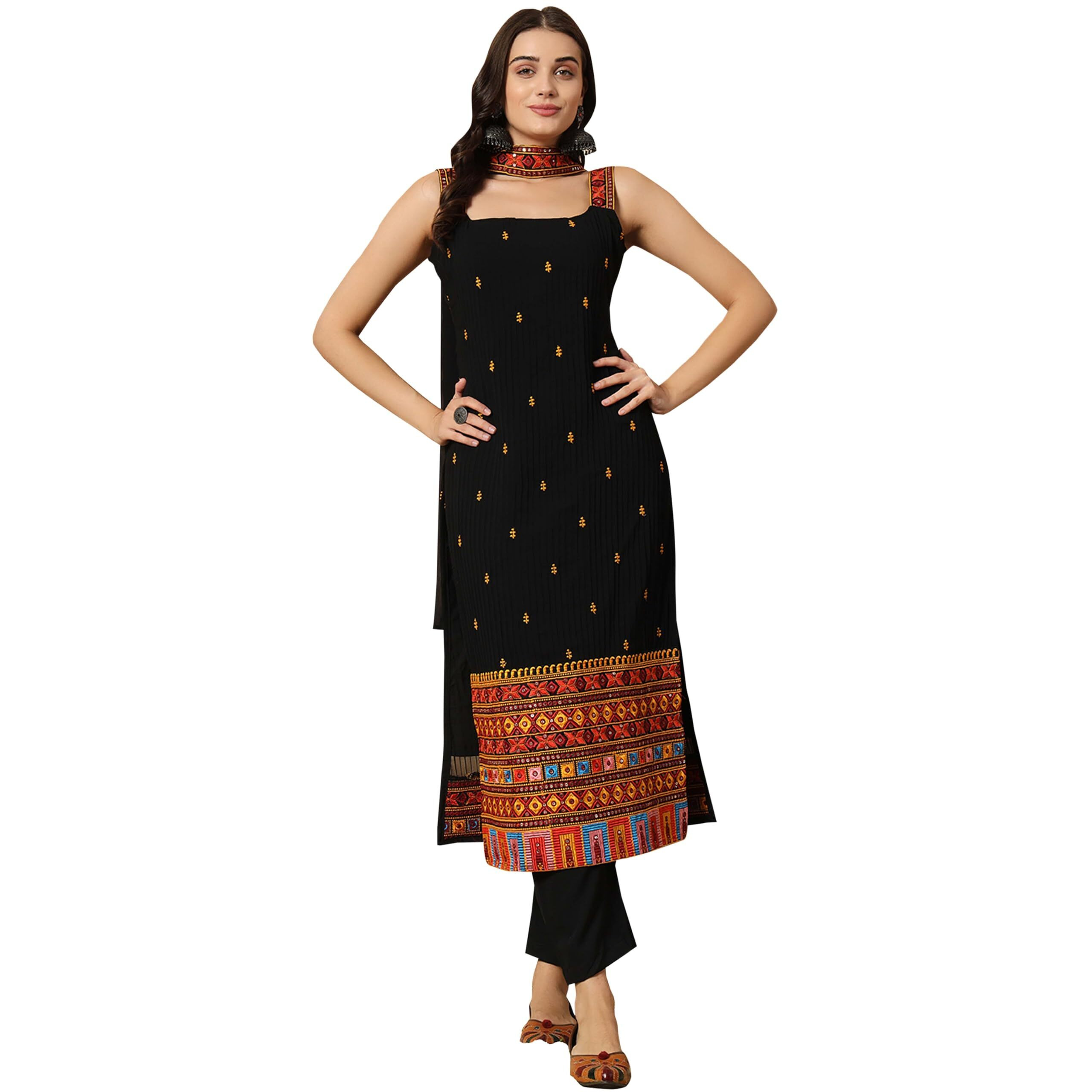 Fashion Basket Women's Georgette Embroidered Black Straight Kurta With Dupatta (Small)