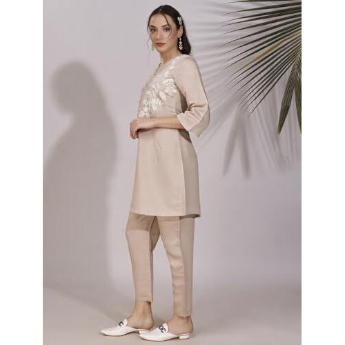 Womanista Silk Blend Women's Brown Colour White Thread Embroidery Work Tunic With Trouser Coord Set Ankle Length (Co-Ords_9041 2Xl)
