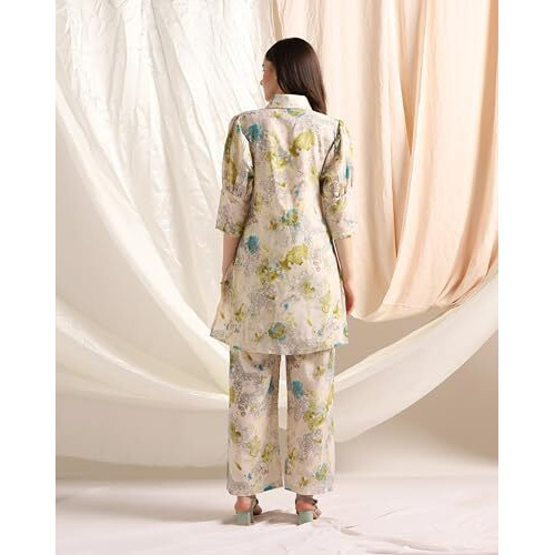 Leriya Fashion Soft Cotton Blend Floral Foil Print Puff Sleeve Shawl Collar Straight Kurta Pant Set For Women Causal Festival Office Shopping Outing Wear For Girls Ethnic Co Ord Set (Xx-Large, Green)