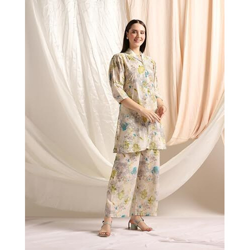 Leriya Fashion Soft Cotton Blend Floral Foil Print Puff Sleeve Shawl Collar Straight Kurta Pant Set For Women Causal Festival Office Shopping Outing Wear For Girls Ethnic Co Ord Set (Xx-Large, Green)
