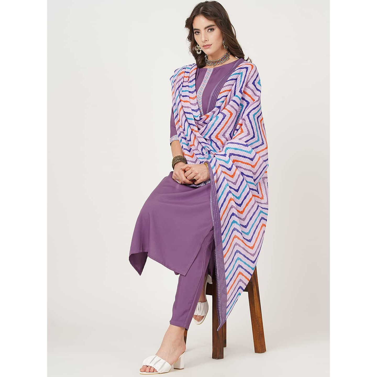 Shiv Textilesdigital Printed Round Neck Polyester Straight Kurta Set For Womens (205-Lavender-M)