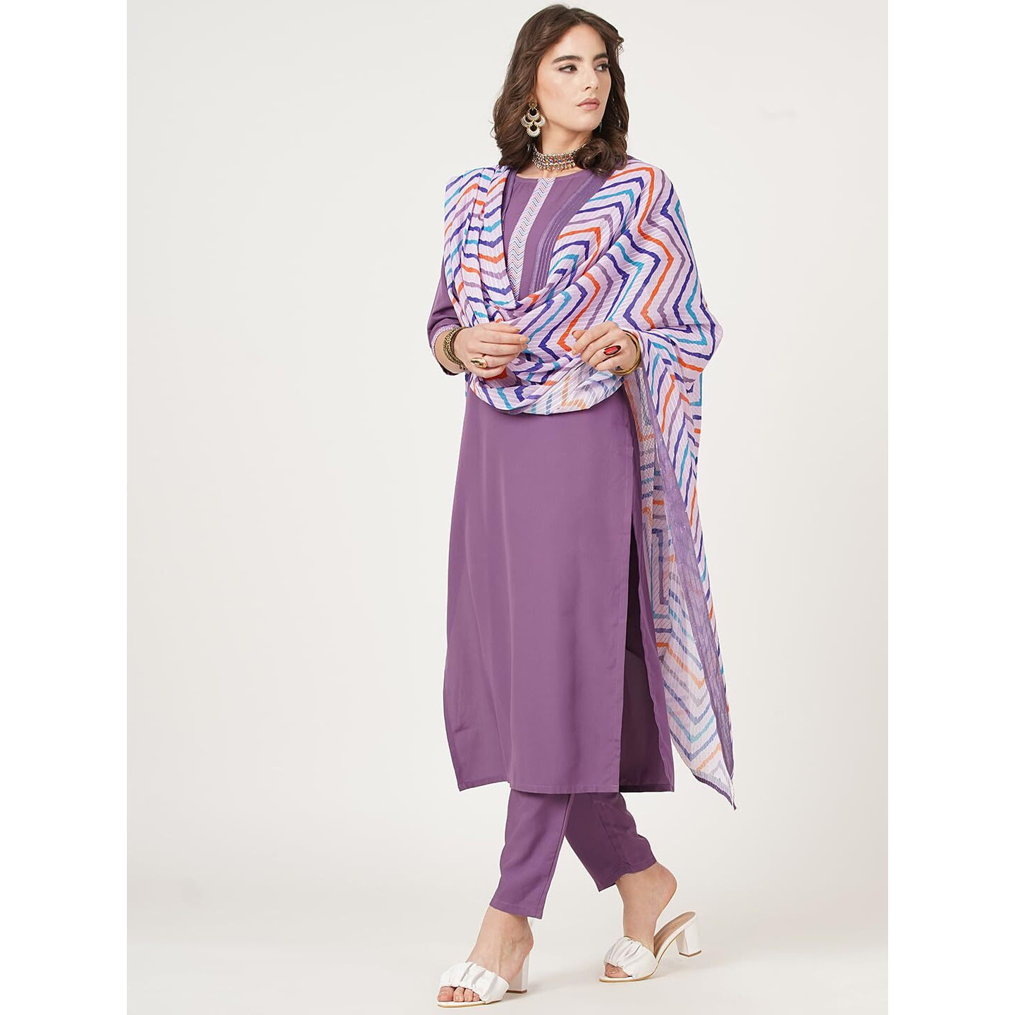 Shiv Textilesdigital Printed Round Neck Polyester Straight Kurta Set For Womens (205-Lavender-M)