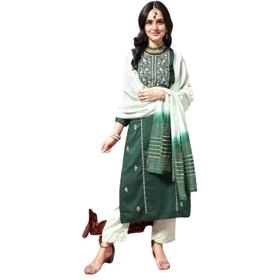 Varanga Green Straight Kurta With Elasticated Trouser Set.