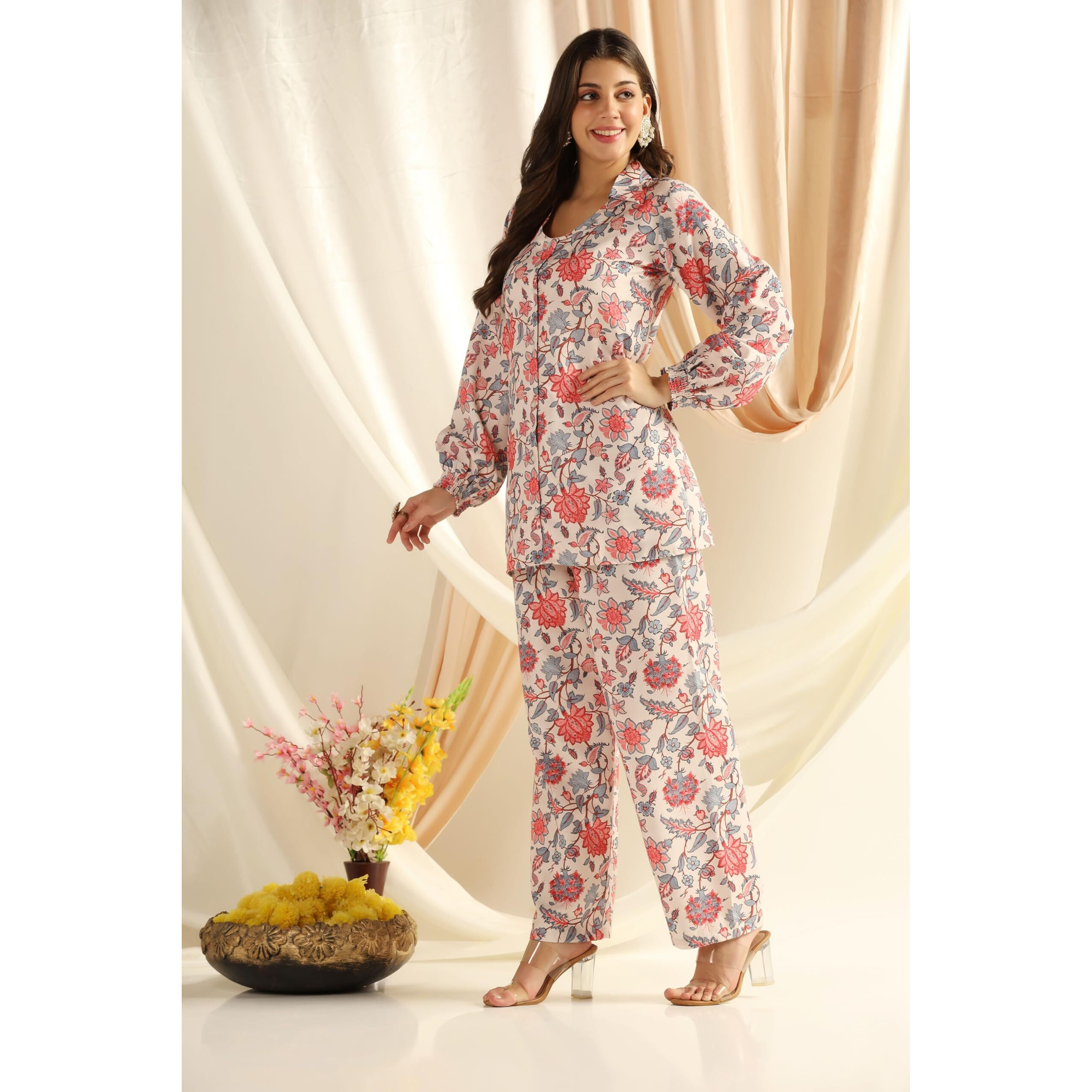 Leriya Fashion Ethnic Co Ord Set | Casual Wear Pant Top Set | Fancy Co-Ord Set | Full Pair Set | Women Kurta Sets Kurtis | Pack Of 2 | Women Kurta Pant Set Women Kurti Set With Pant (Large, Beige)