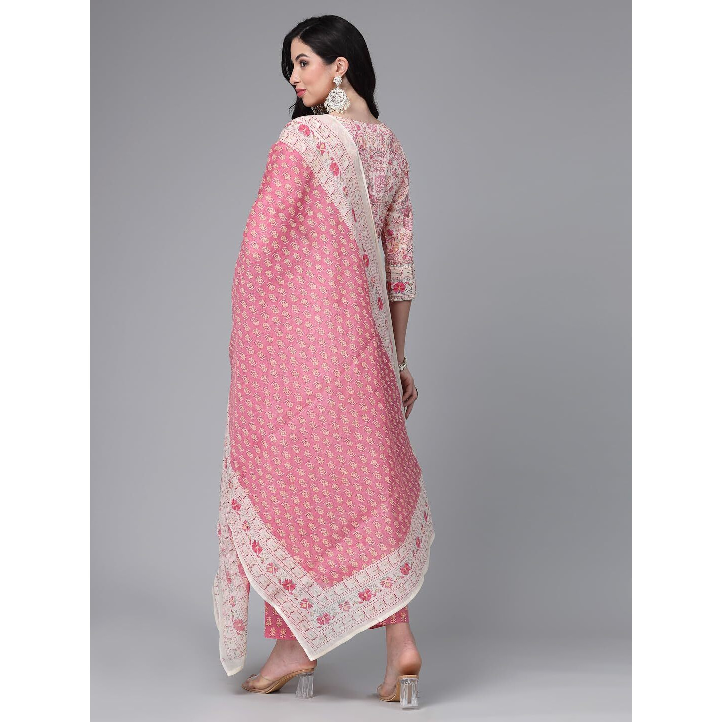 Stylum Women's Floral Printed Cotton Naira Cut Kurta Pant Dupatta Set (Kpdgoher40_Pink, L)