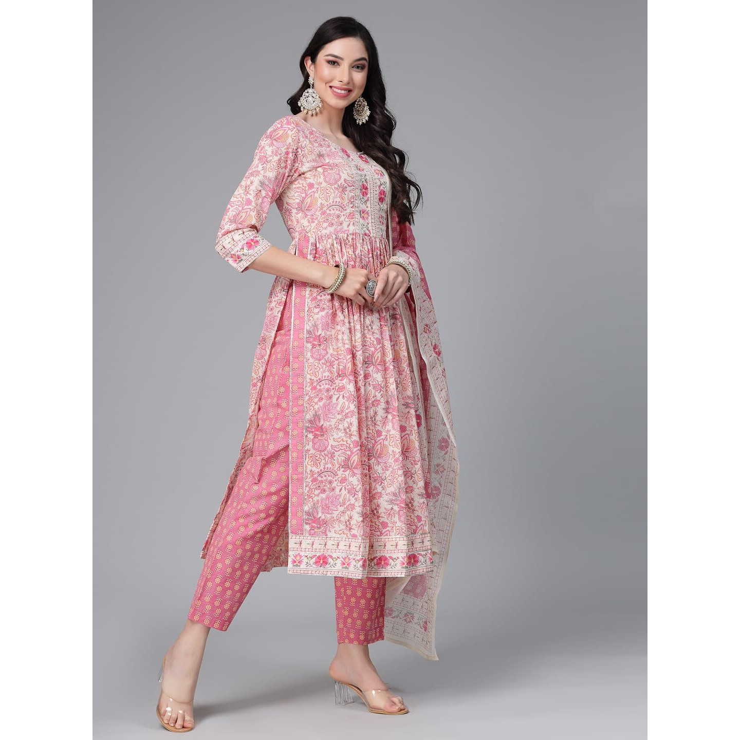 Stylum Women's Floral Printed Cotton Naira Cut Kurta Pant Dupatta Set (Kpdgoher40_Pink, L)