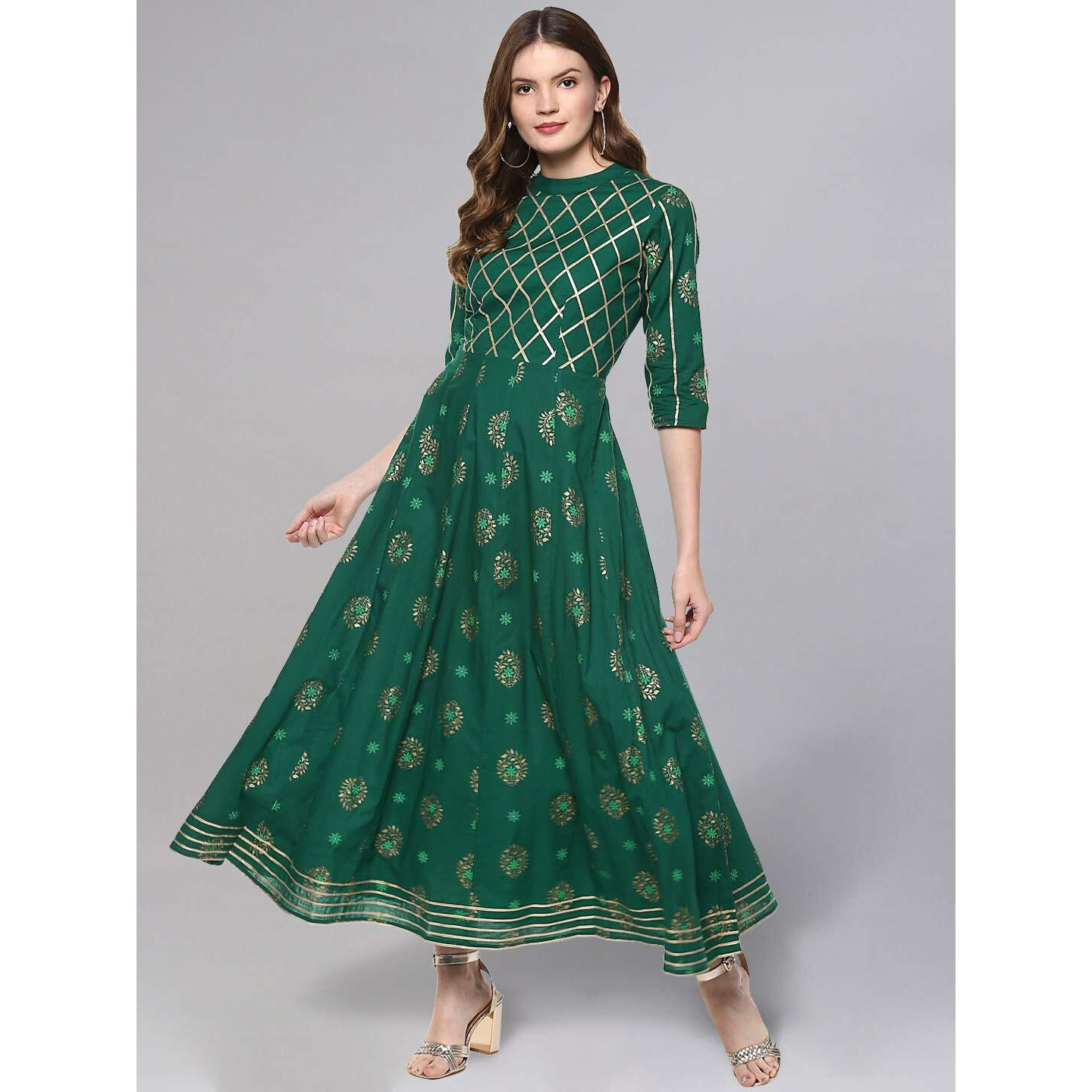 Idalia Cotton Kurta For Women 3/4 Sleeve Round Neck Anarkali Kurta Set For Women Dark Green, Gold