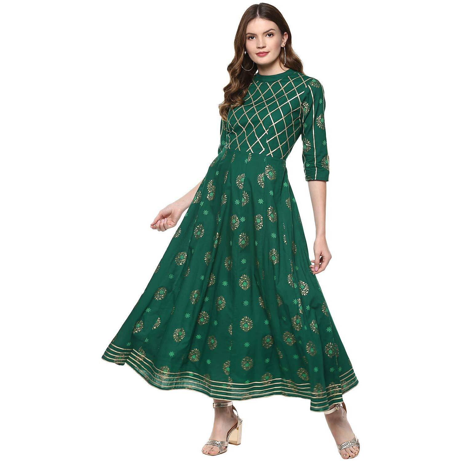 Idalia Cotton Kurta For Women 3/4 Sleeve Round Neck Anarkali Kurta Set For Women Dark Green, Gold