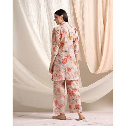 Leriya Fashion Soft Cotton Blend Floral Foil Print Puff Sleeve Shawl Collar Straight Kurta Pant Set For Women Causal Festival Office Shopping Outing Wear For Girls Ethnic Co Ord Set (Large, Red)