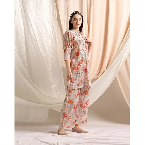 Leriya Fashion Soft Cotton Blend Floral Foil Print Puff Sleeve Shawl Collar Straight Kurta Pant Set For Women Causal Festival Office Shopping Outing Wear For Girls Ethnic Co Ord Set (Large, Red)