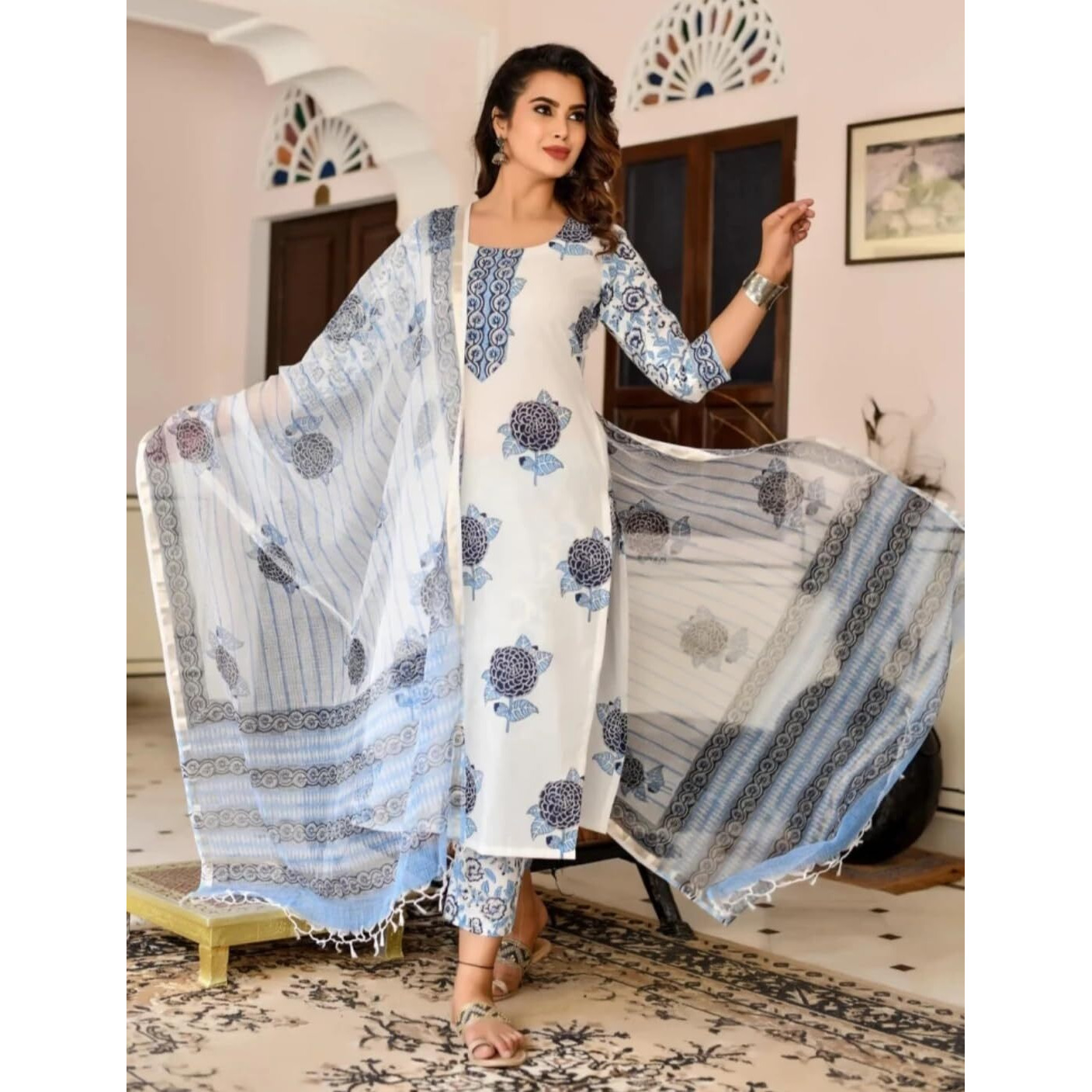 Lookmark Women's Trendy Printed Cotton Blend Straight Kurta Pant Dupatta Set (Az-Lm-Og-Ks2082-Xl)