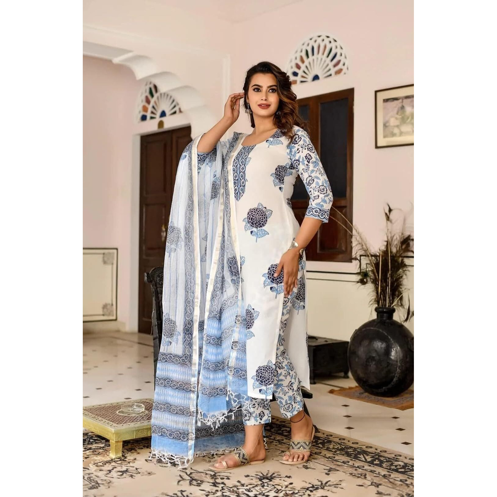Lookmark Women's Trendy Printed Cotton Blend Straight Kurta Pant Dupatta Set (Az-Lm-Og-Ks2082-Xl)