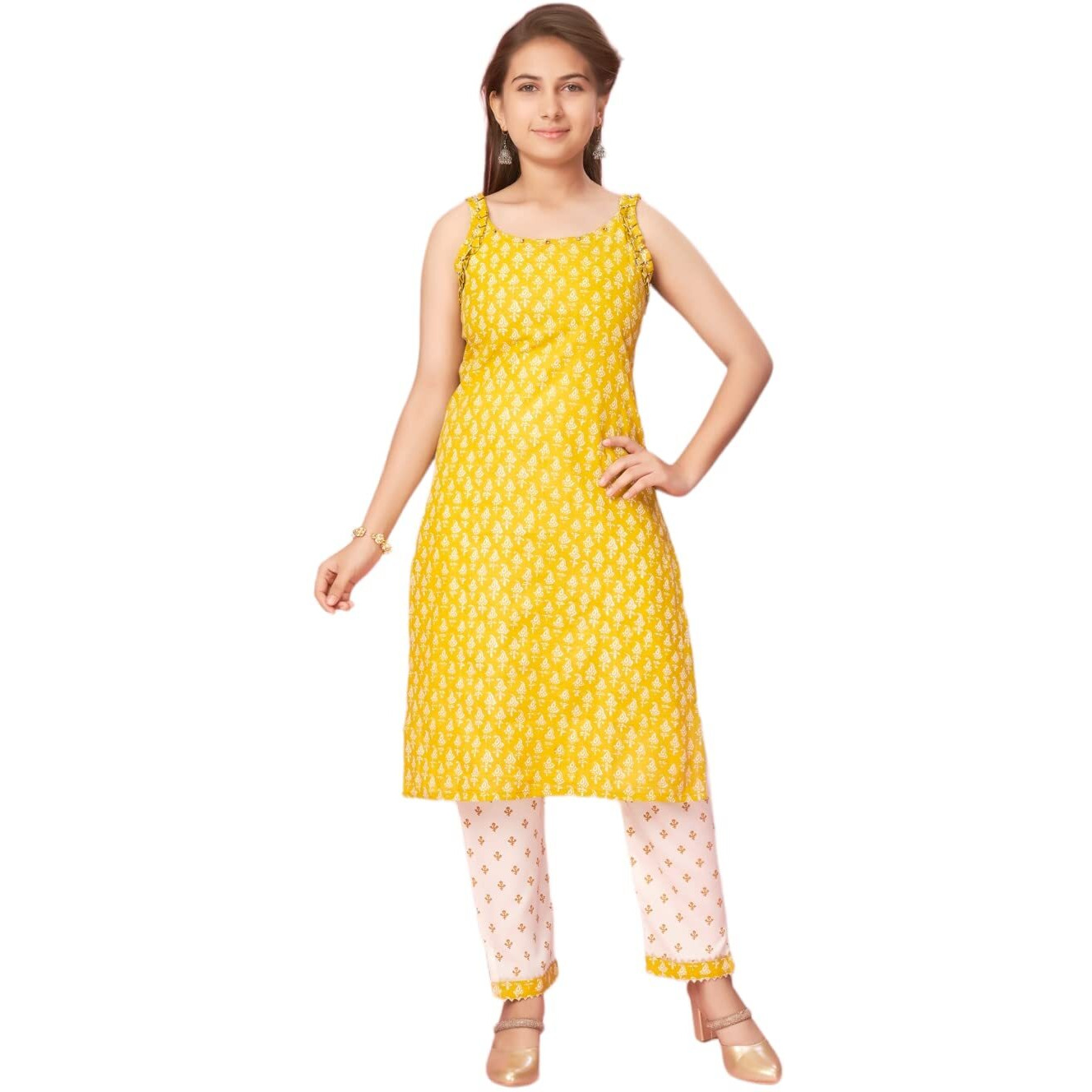 Aarika Girl's Cotton Kurti Pant Set (New_Kp-K-478_Yellow-White