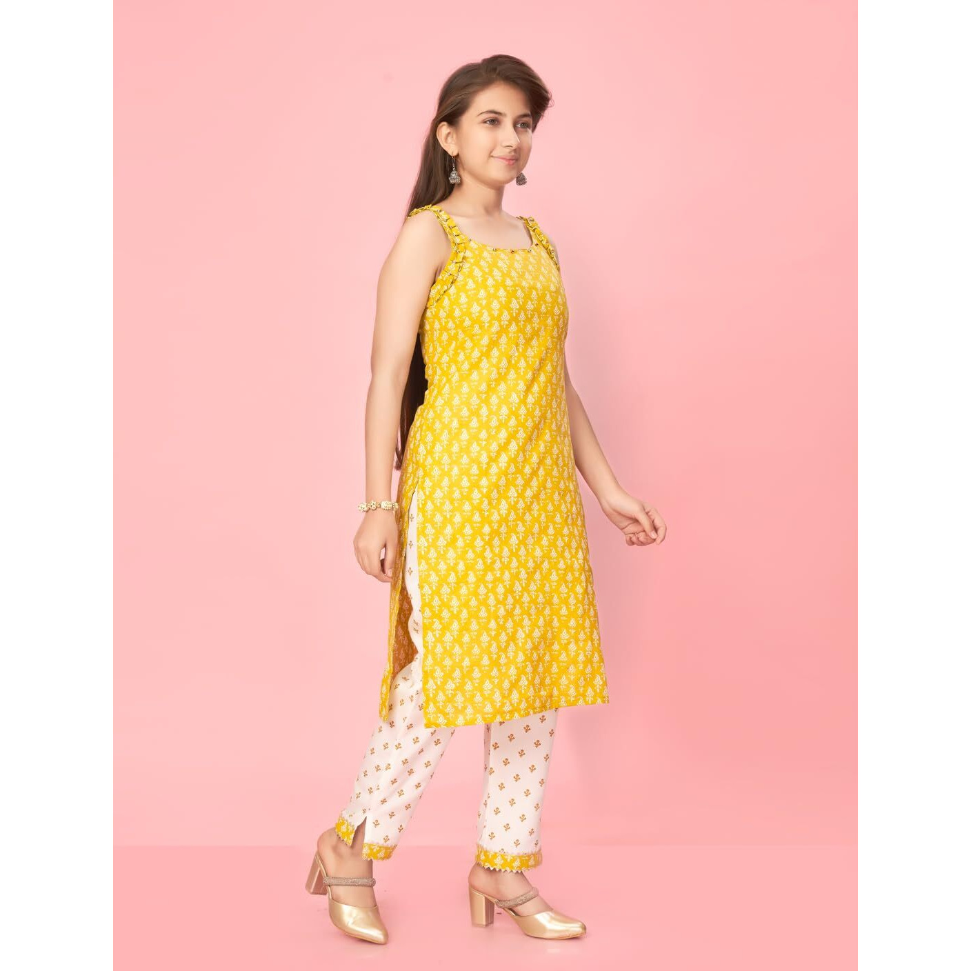 Aarika Girl's Cotton Kurti Pant Set (New_Kp-K-478_Yellow-White
