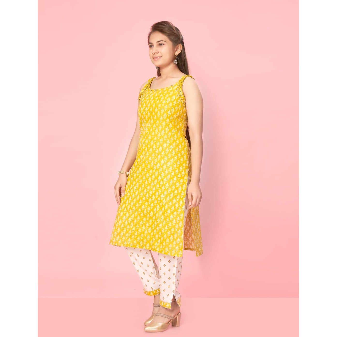 Aarika Girl's Cotton Kurti Pant Set (New_Kp-K-478_Yellow-White