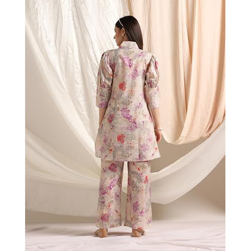 Leriya Fashion Soft Cotton Blend Floral Foil Print Puff Sleeve Shawl Collar Straight Kurta Pant Set For Women Causal Festival Office Shopping Outing Wear For Girls Ethnic Co Ord Set (Large, Purple)