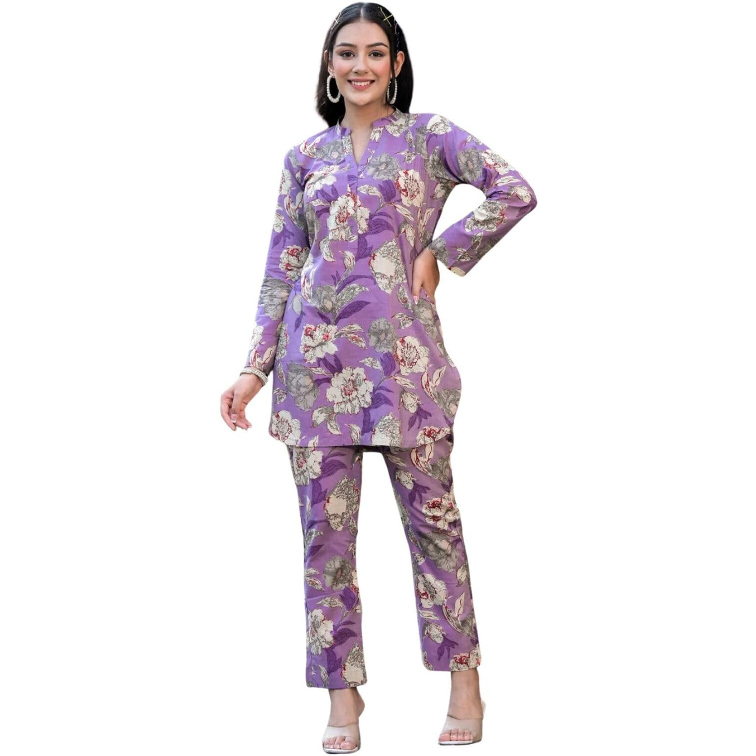Greciilooks Women Cotton Blend Casual Regular Fit Coord Set (Purple, Large)