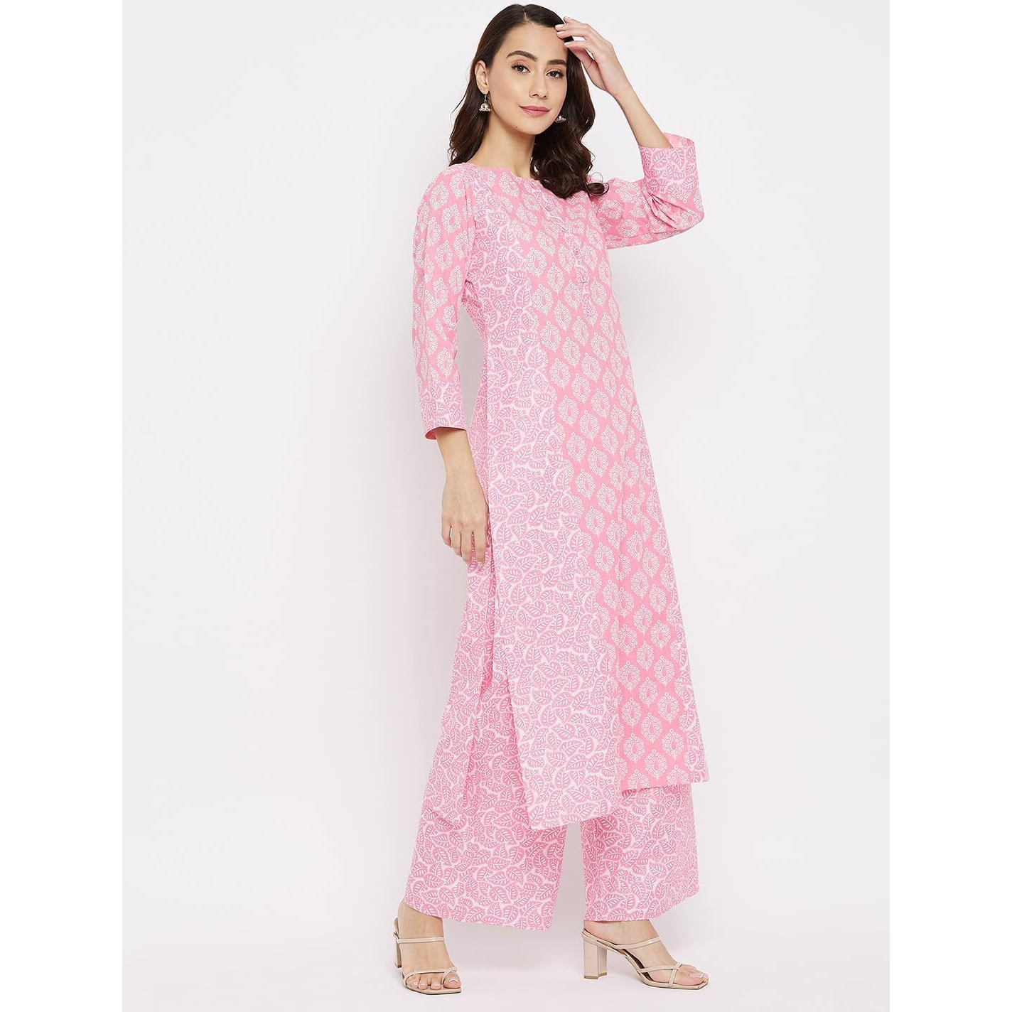 Tissu Women's Cotton Pink Floral Printed Straight Kurta With Palazzo (Tis-609_Pink_S)