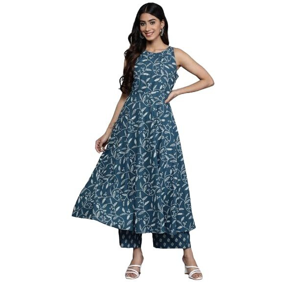 Varanga Women Blue Floral Printed Anarkali Kurta Paired With Tonal Bottom