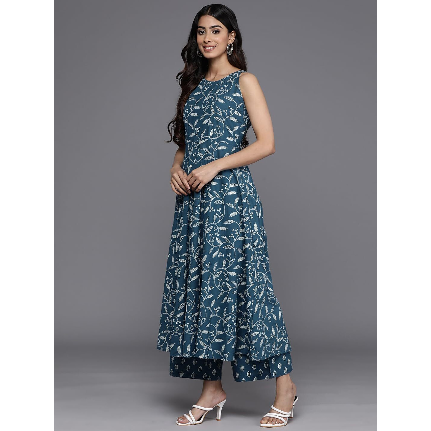 Varanga Women Blue Floral Printed Anarkali Kurta Paired With Tonal Bottom