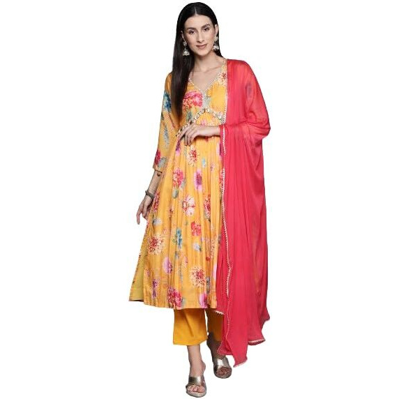 Varanga Women Mustard Floral Printed A-Line Kurta With Side Slits Paired With Tonal Bottom And Dupatta With Four Sided Fringes