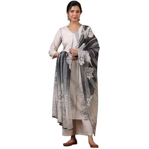Varanga Women V Neck Sequin Hand Embroidered Floral Printed Kurta With Trouser & Printed Dupatta