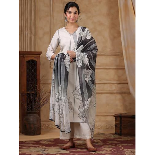 Varanga Women V Neck Sequin Hand Embroidered Floral Printed Kurta With Trouser & Printed Dupatta