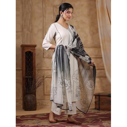 Varanga Women V Neck Sequin Hand Embroidered Floral Printed Kurta With Trouser & Printed Dupatta