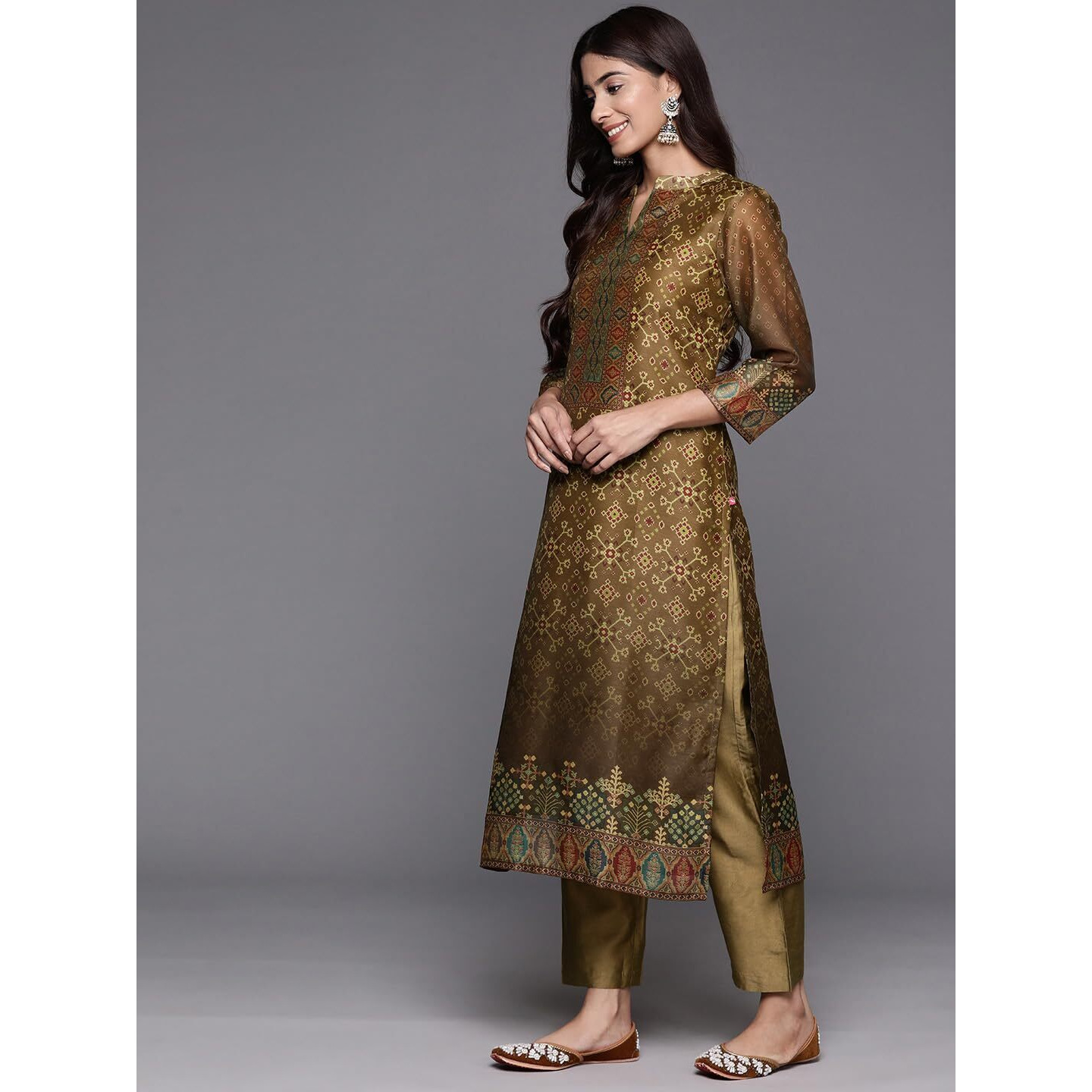 Varanga Women Olive Abstract Printed Straight Kurta Paired With Solid Bottom And Printed Dupatta