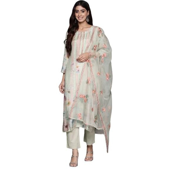 Varanga Women Olive Stripe And Floral Printed Straight Kurta Paired With Tonal Bottom And Embroidered Dupatta