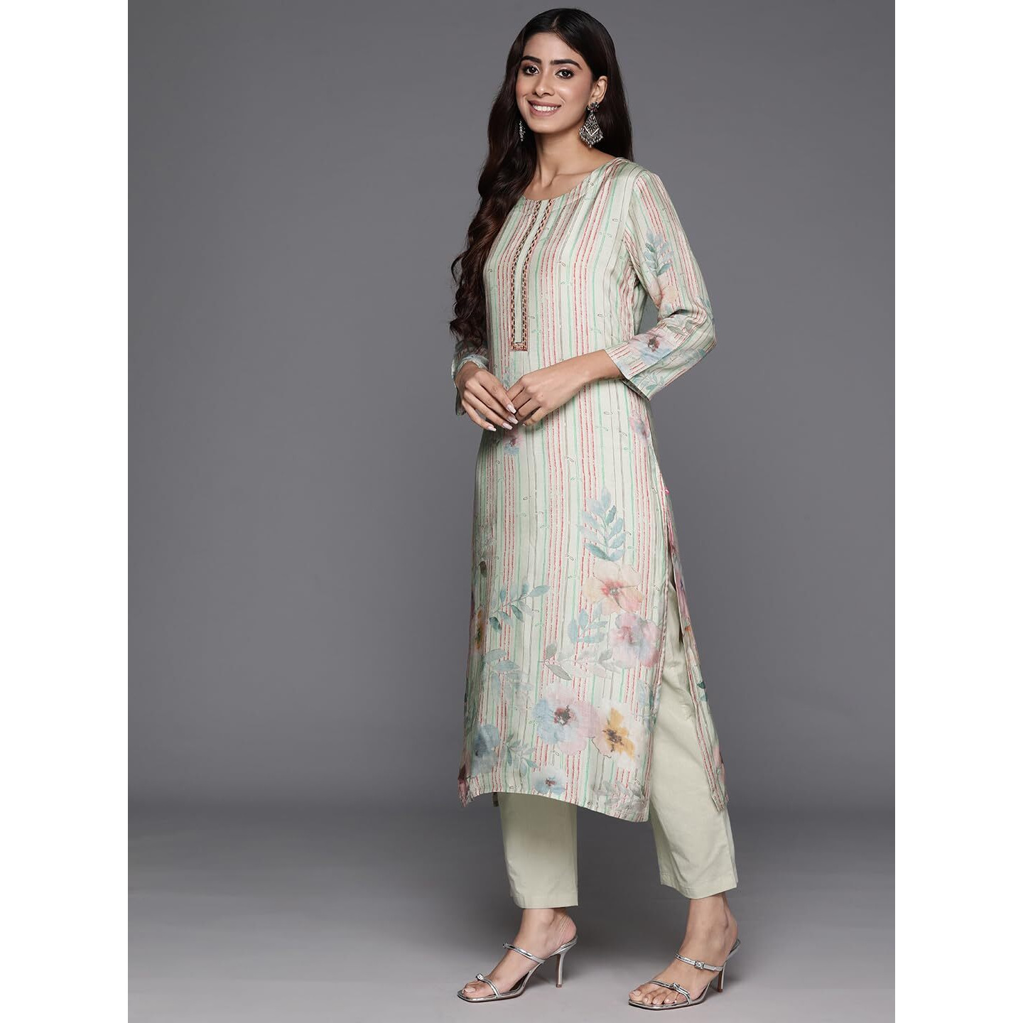 Varanga Women Olive Stripe And Floral Printed Straight Kurta Paired With Tonal Bottom And Embroidered Dupatta