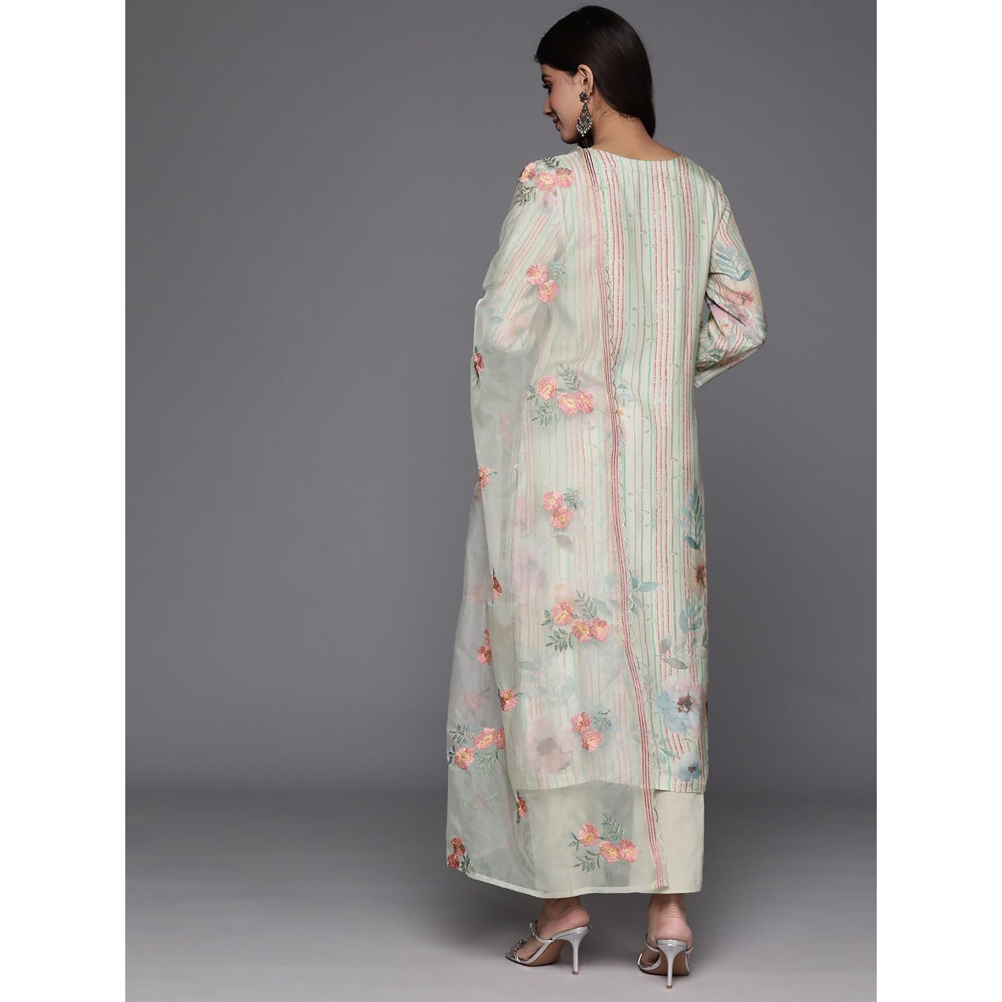 Varanga Women Olive Stripe And Floral Printed Straight Kurta Paired With Tonal Bottom And Embroidered Dupatta