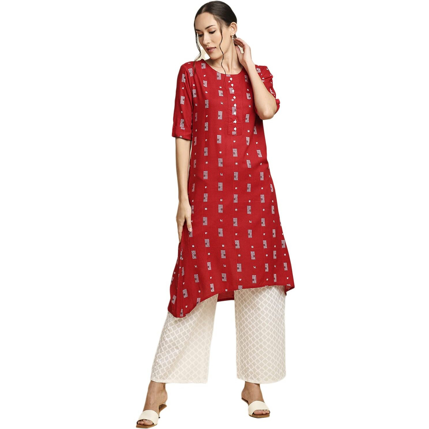 Anubhutee Women's Rayon Red Geometric Printed A-Line Kurta Suit Set With Palazzo