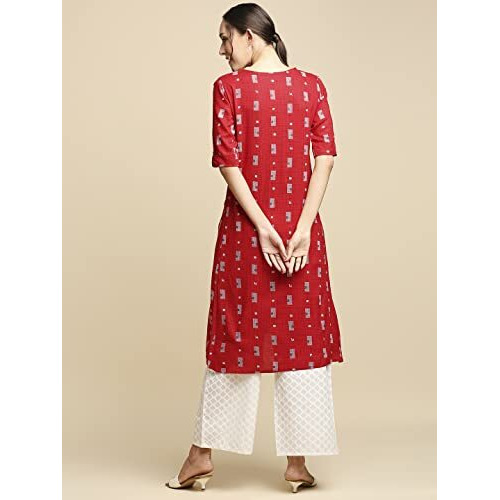 Anubhutee Women's Rayon Red Geometric Printed A-Line Kurta Suit Set With Palazzo
