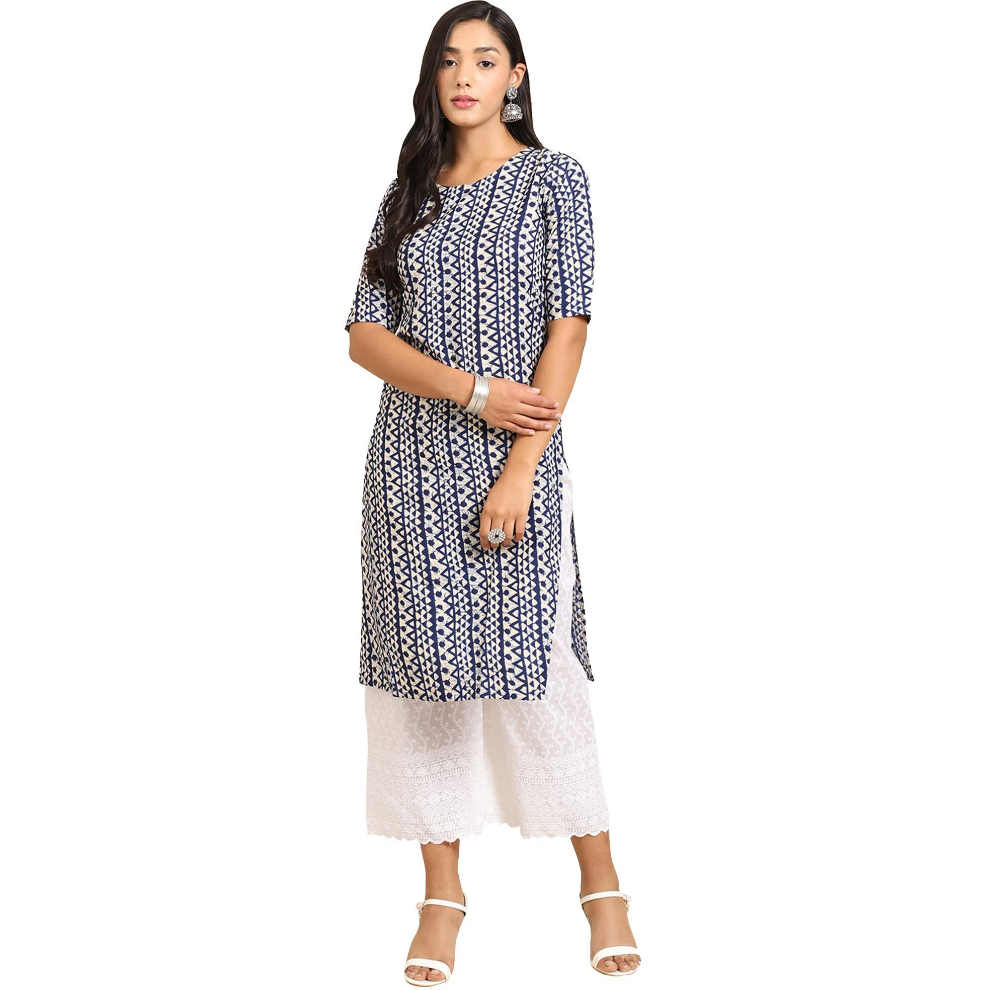 Pinkmint Women's Crepe Blue Color Ethnic Motif Printed Straight Kurti (R-530348_Xl)