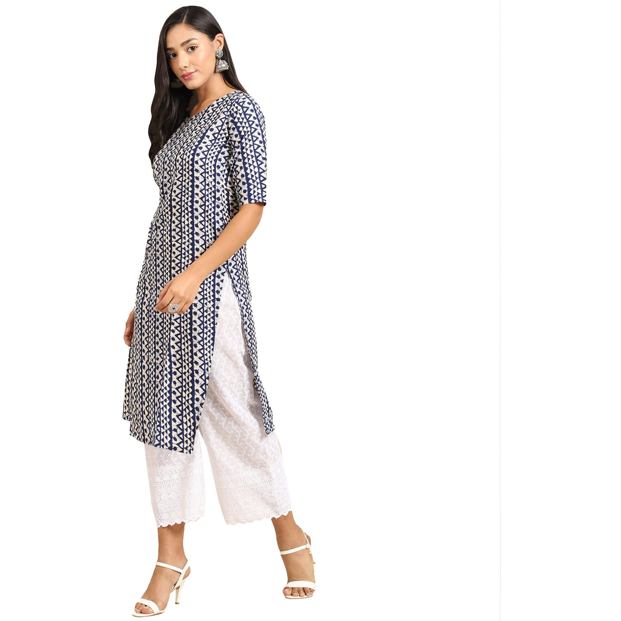 Pinkmint Women's Crepe Blue Color Ethnic Motif Printed Straight Kurti (R-530348_Xl)