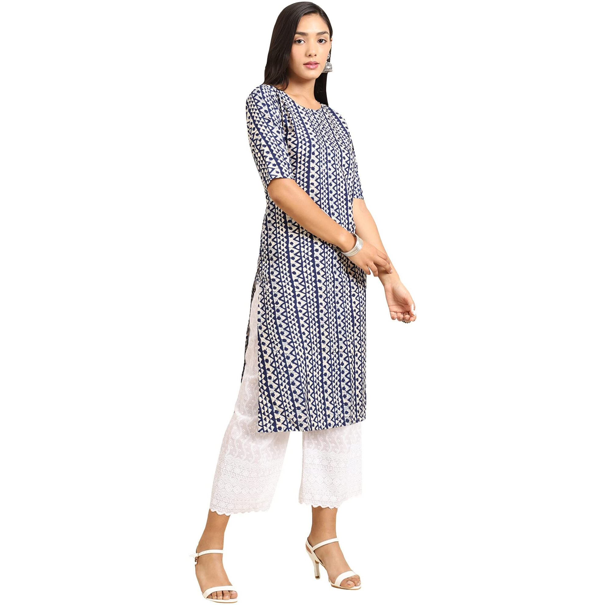 Pinkmint Women's Crepe Blue Color Ethnic Motif Printed Straight Kurti (R-530348_Xl)