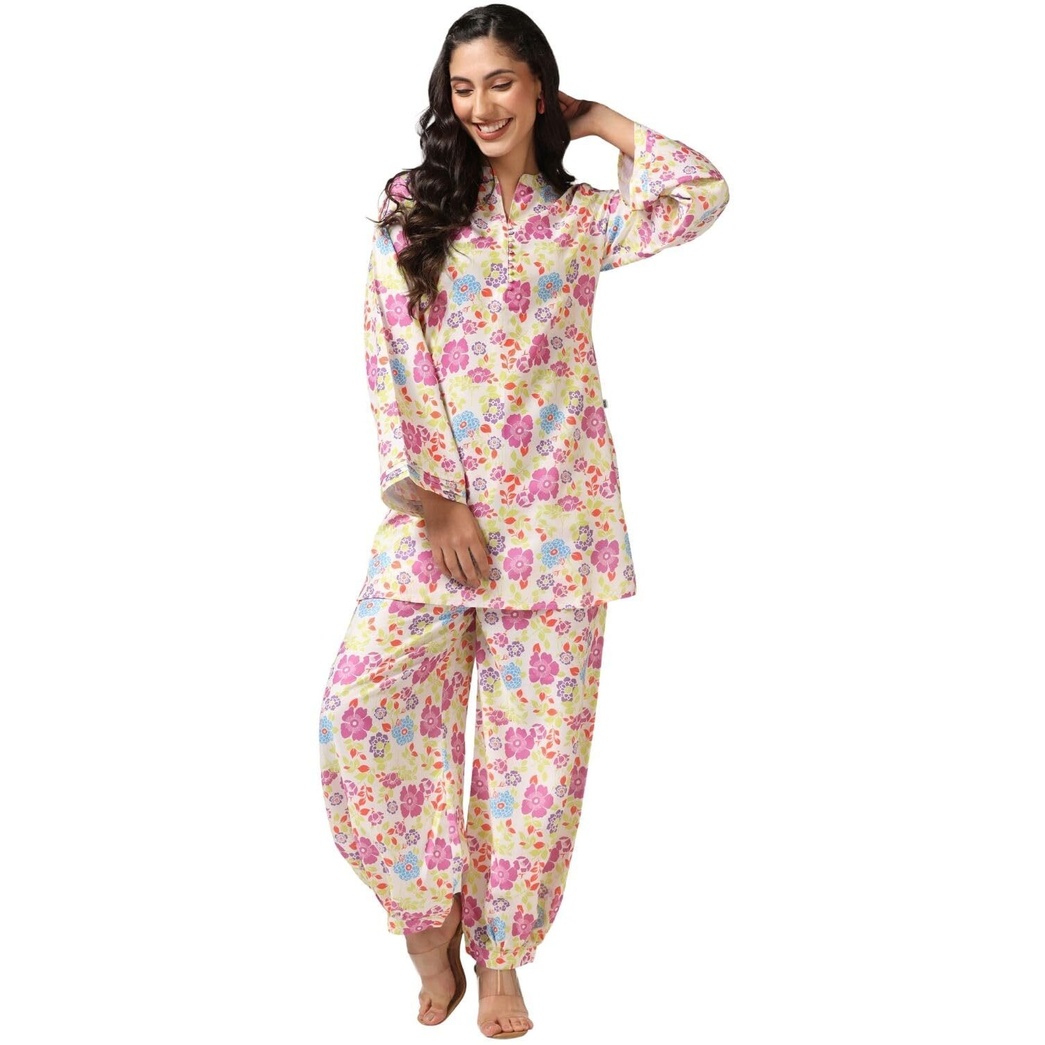 Greciilooks Women Rayon Casual Regular Fit Co-Ord Set (Multicolour, Medium), Floral