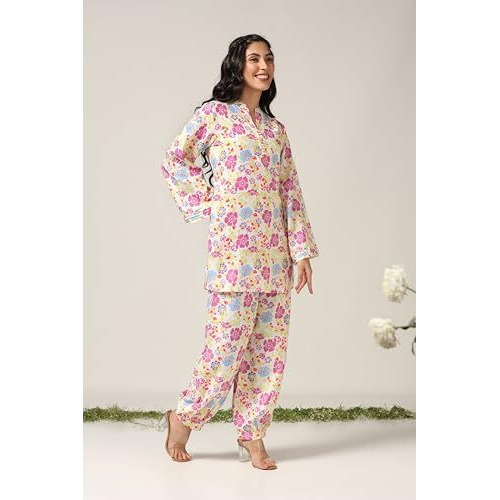 Greciilooks Women Rayon Casual Regular Fit Co-Ord Set (Multicolour, Medium), Floral