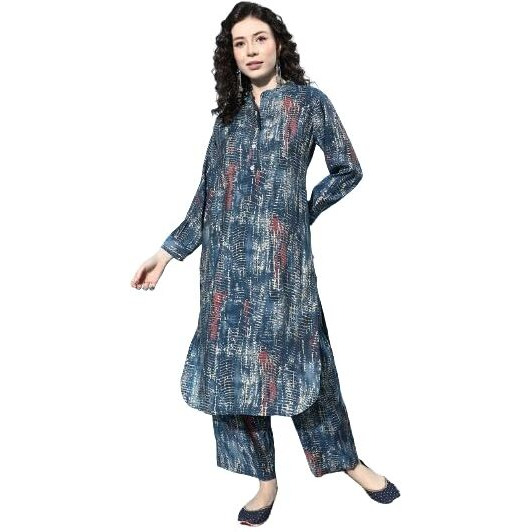 Varanga Blue Shibori Printed Mandrin Collar Straight Kurta Paired With Tonal Bottom