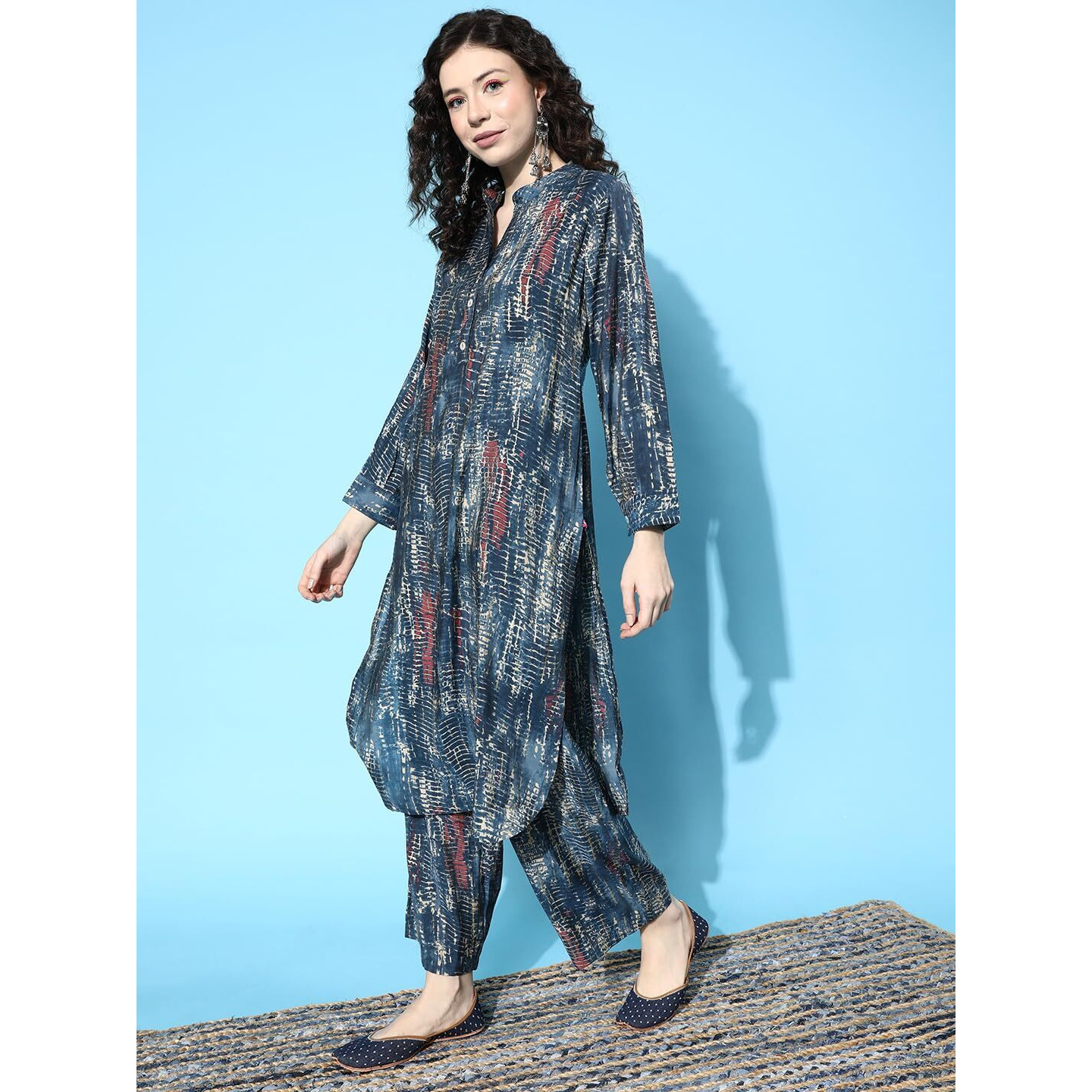 Varanga Blue Shibori Printed Mandrin Collar Straight Kurta Paired With Tonal Bottom