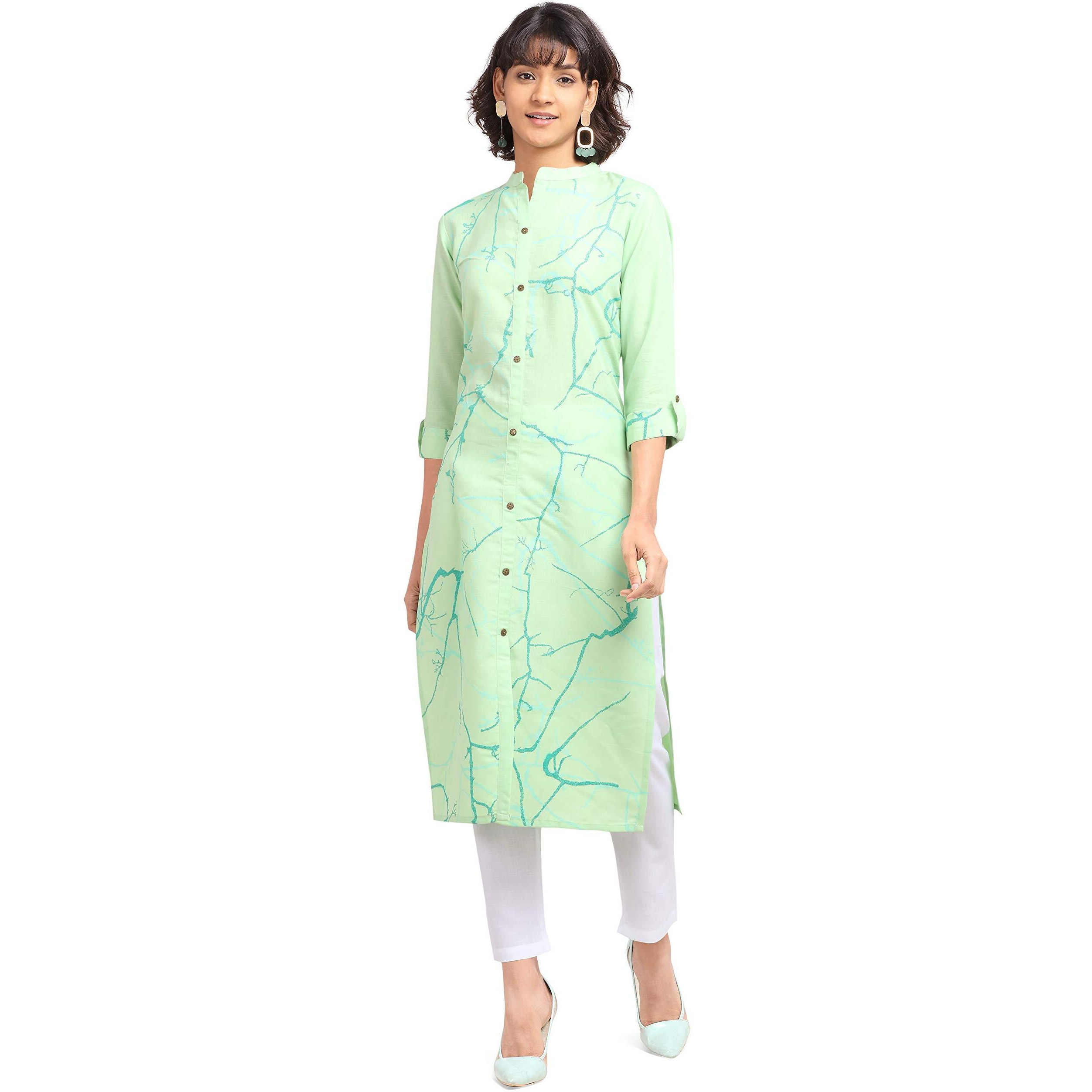 Nainvish Women's Cotton Blend Straight Printed Kurti With Pant (Sd098-S_Green)