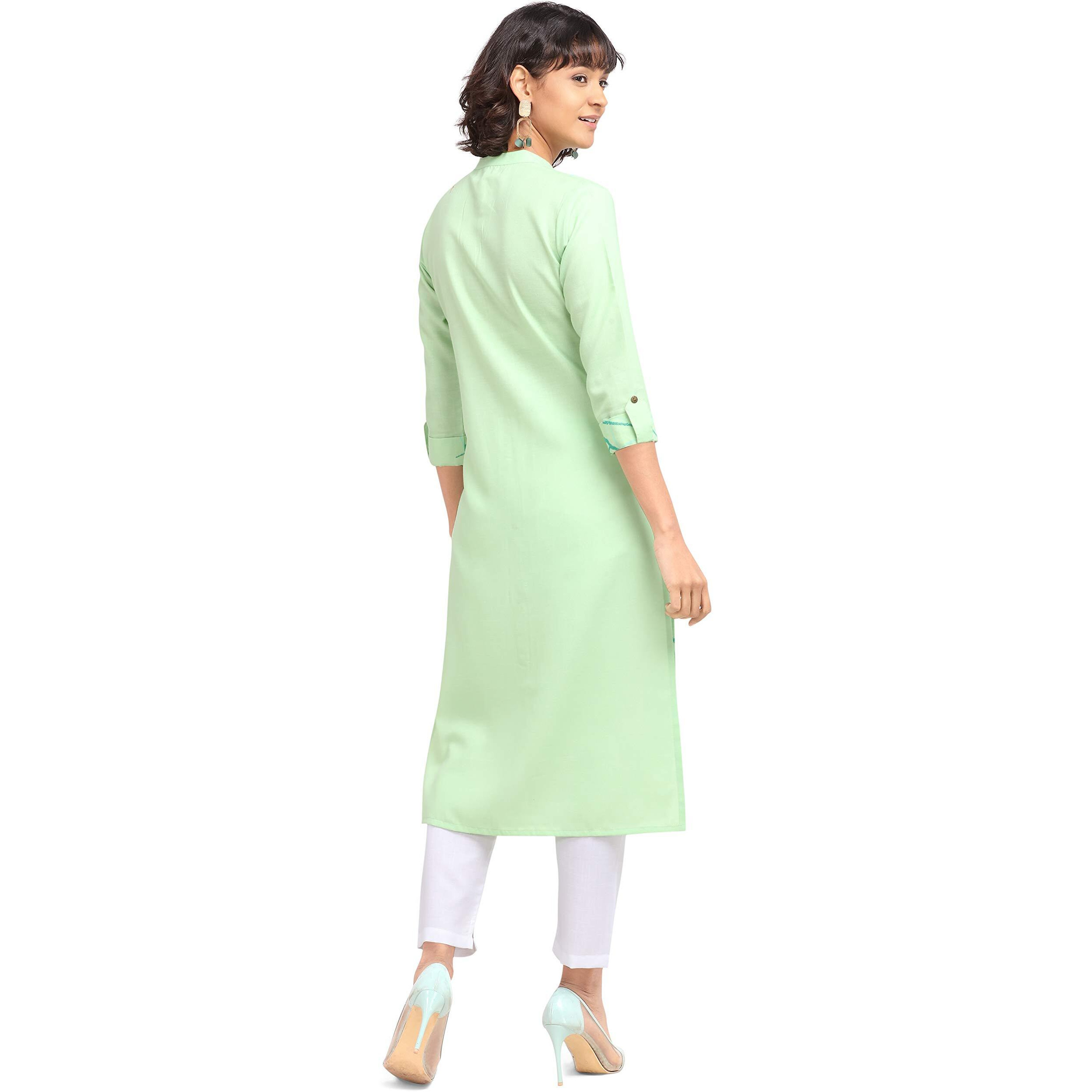 Nainvish Women's Cotton Blend Straight Printed Kurti With Pant (Sd098-S_Green)