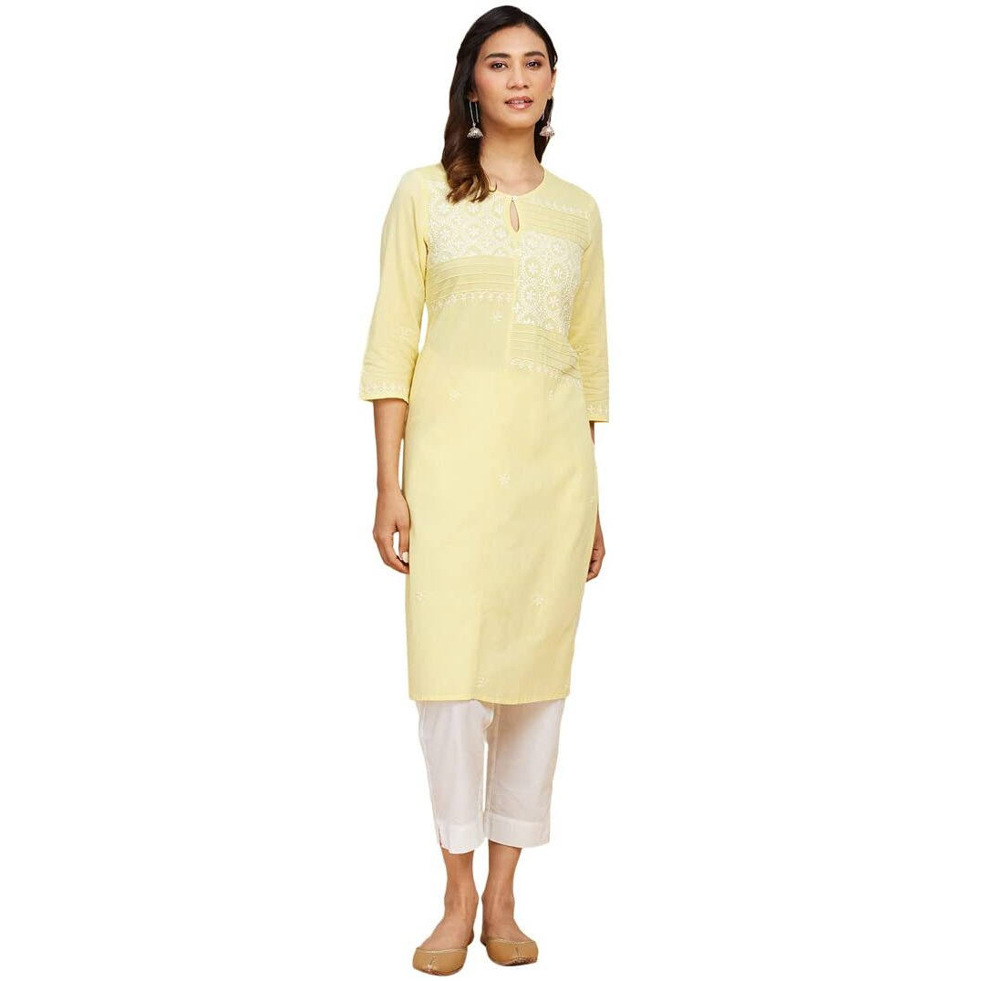 Fabindia Women's Cotton Chikankari Slim Kurta (210896601_Lightyellow