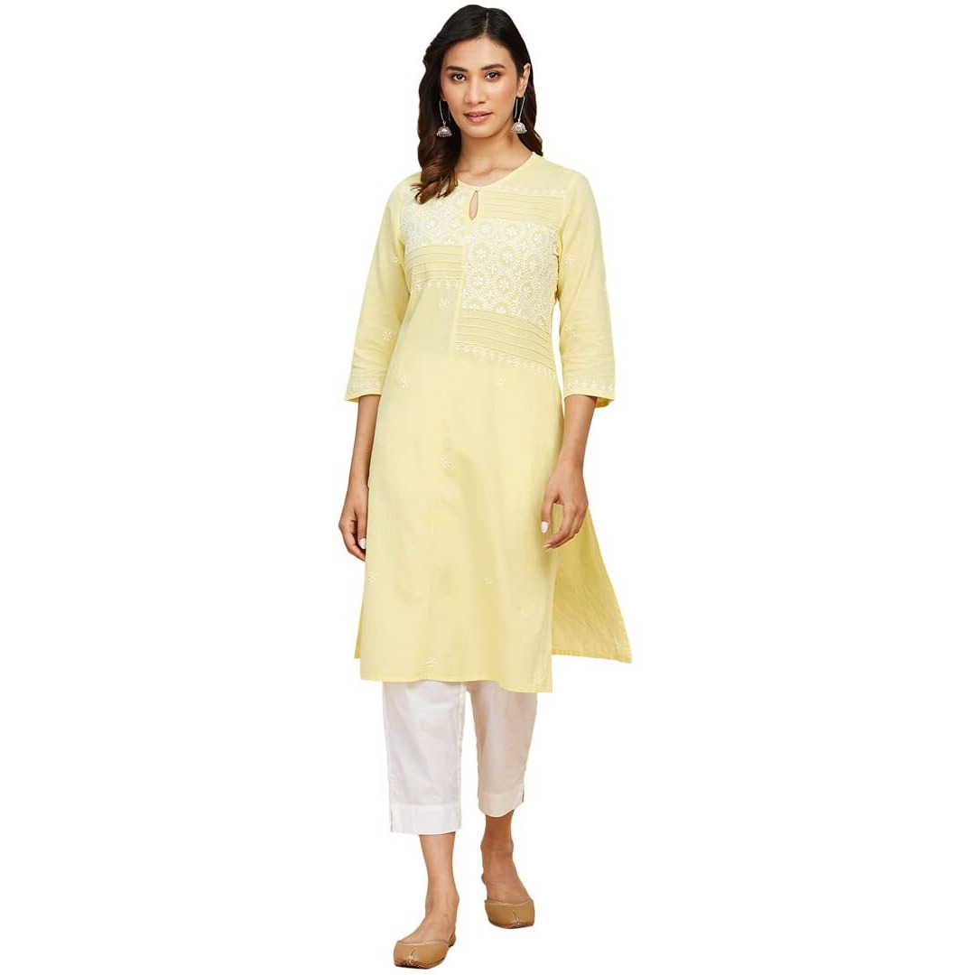 Fabindia Women's Cotton Chikankari Slim Kurta (210896601_Lightyellow