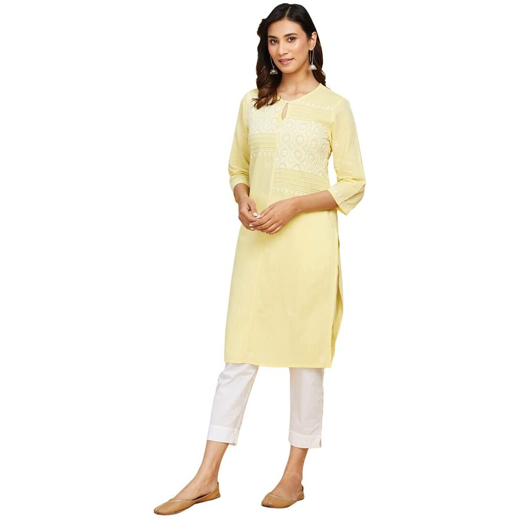 Fabindia Women's Cotton Chikankari Slim Kurta (210896601_Lightyellow