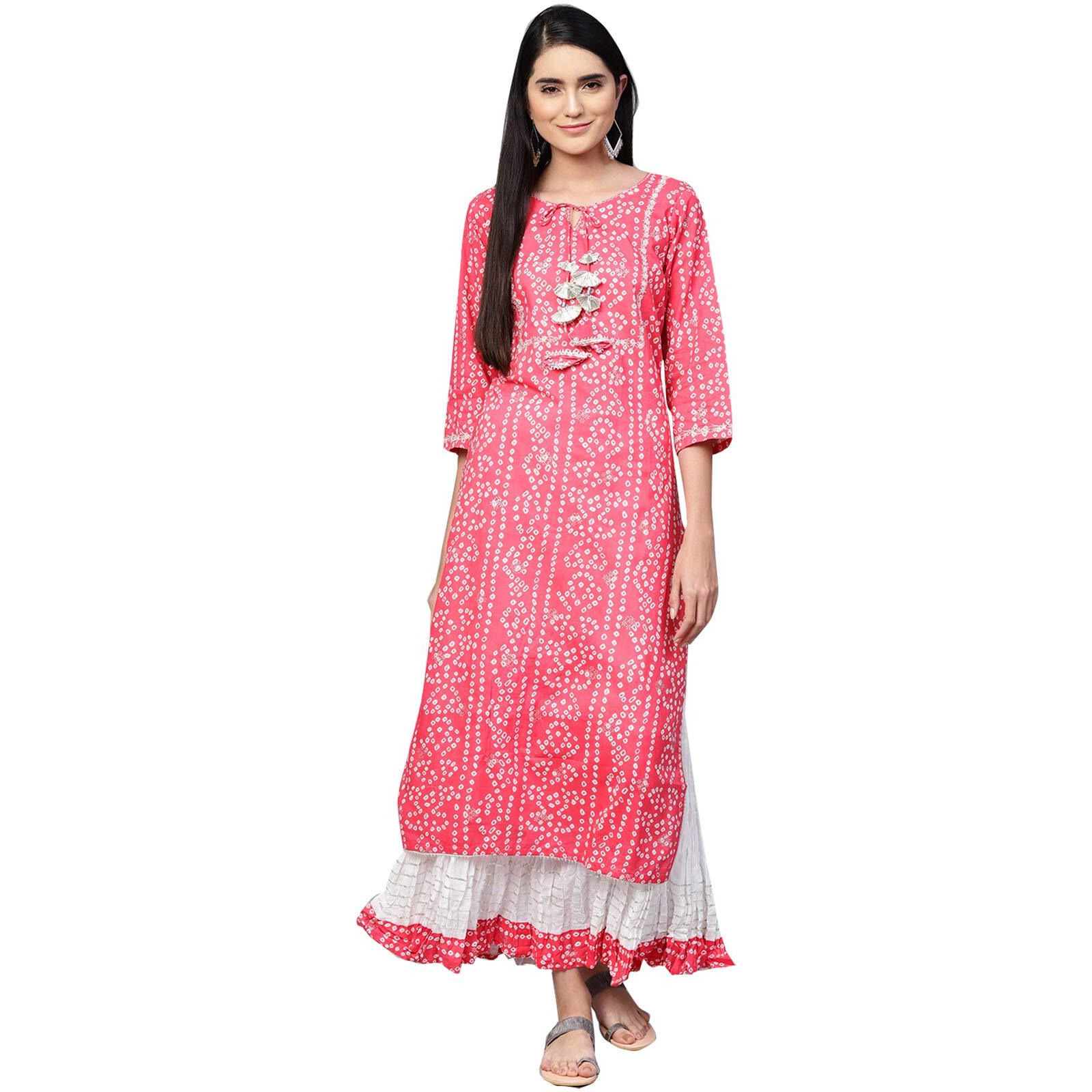 Ishin Women's Cotton Pink & White Embellished A-Line Kurta Set With Skirt