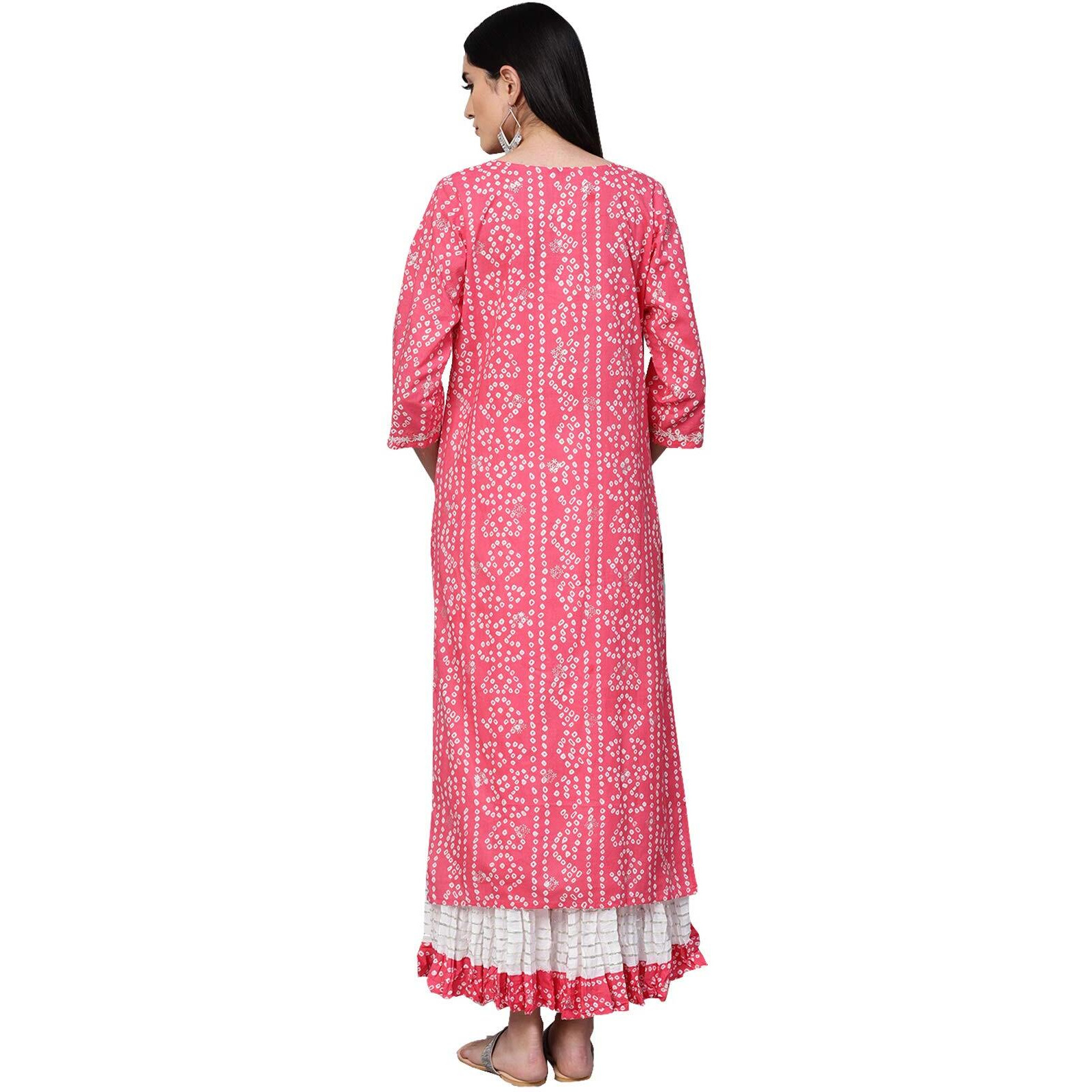 Ishin Women's Cotton Pink & White Embellished A-Line Kurta Set With Skirt