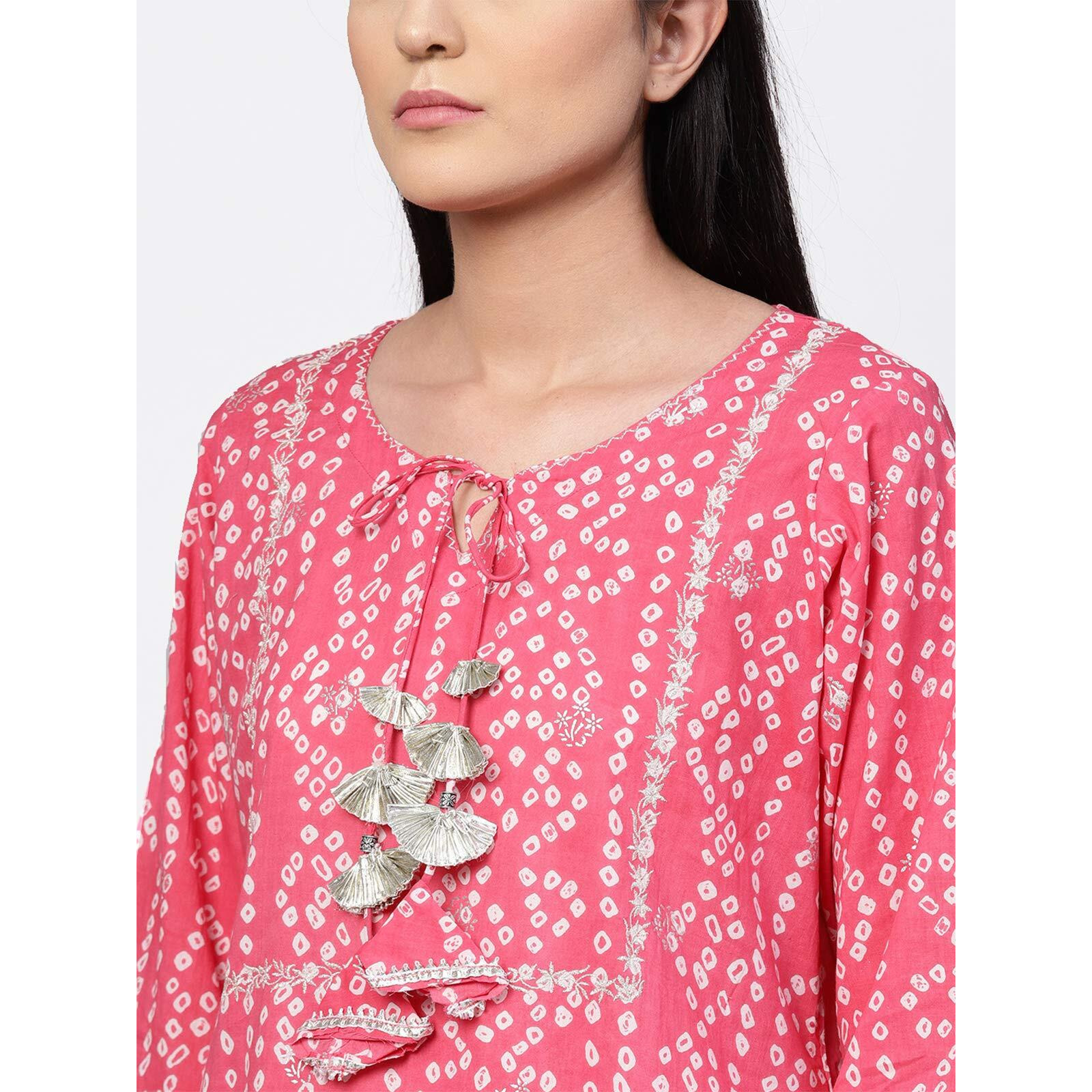 Ishin Women's Cotton Pink & White Embellished A-Line Kurta Set With Skirt