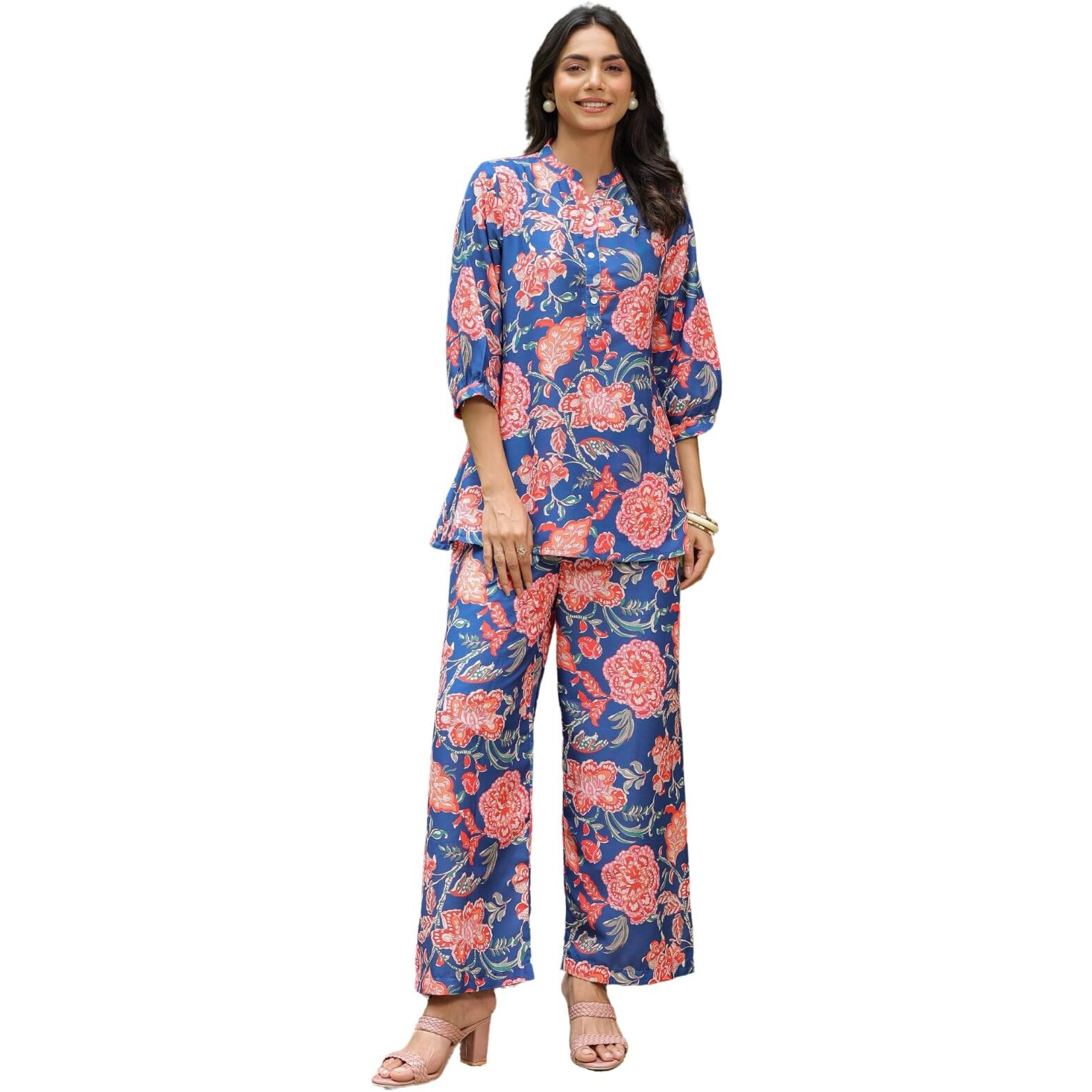 Om Sai Latest Creation Co Ord Set For Women | Summer Co Ord Set For Women | Formal Co Ord Set For Women | Printed Full Pair Set | Women Co Ord Set (Small, Blue)